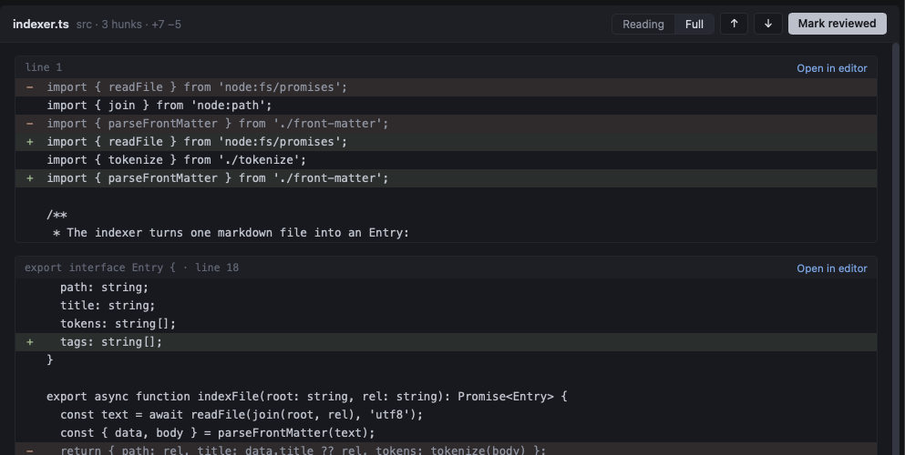 Full mode: the same diff with every hunk, including the reordered imports at the top.